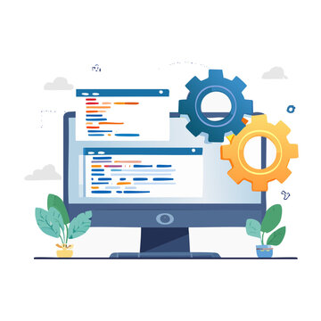 Computer screen displaying code with gears and plants