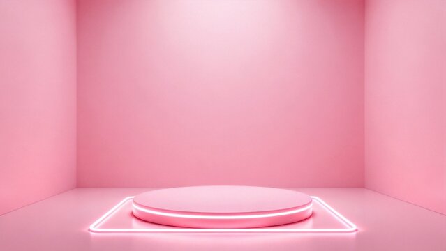 Pink neonlit circular platform in empty room