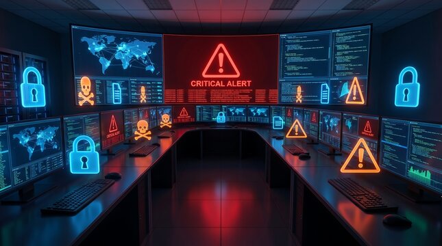 Cybersecurity Operations Center displays critical alert for global network security threat, ideal for urgent data breach warning and IT protection.