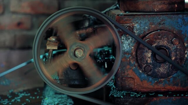 View of a spinning industrial pulley wheel with a belt and blue plastic shavings in a workshop with a brick wall background in Bogura, Rajshahi Division, Bangladesh.