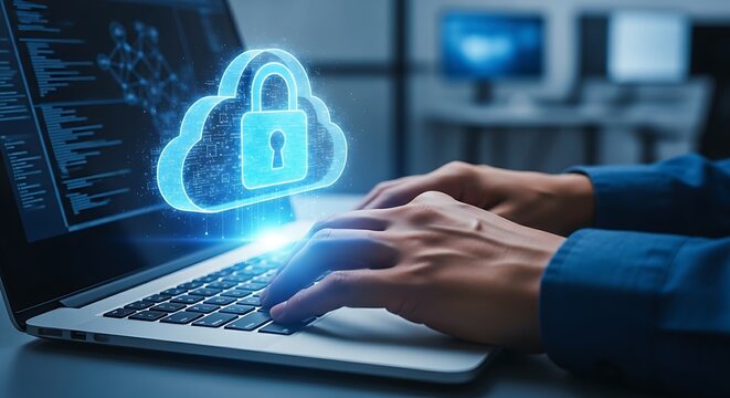 Specialist using laptop with holographic cloud and padlock for data security