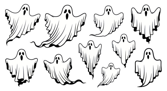 Black and white ghost illustrations.