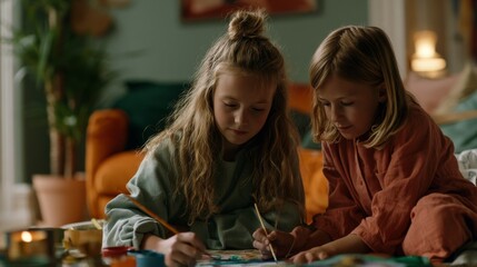Fototapeta premium Two young girls engrossed in painting together on the floor indoors