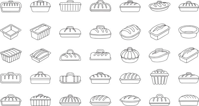 Collection of black and white line of various baking pans and bread molds loaf pan cake pan muffin tin