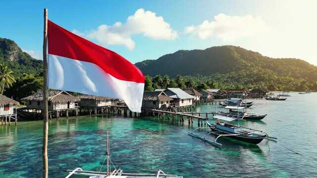 Indonesian flag waving over a scenic tropical coastal village