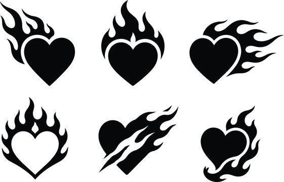 Premium collection of flaming heart logo vectors featuring burning love symbols, fire heart emblems,