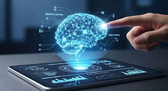 Touching holographic digital brain interface for machine learning and ai concept