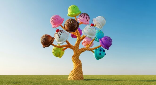 A whimsical fantasy tree with a waffle cone trunk and branches adorned with colorful ice cream scoops growing in a sunny outdoor landscape, snack, conceptual, scoops