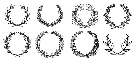 Fototapeta premium Laurel wreath and oak tree branches. Cute elements for wedding designs summer and autumn feel. For banners and logo