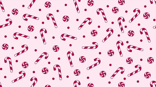Candy cane motion pattern. Candy cane seamless pattern. Loopable motion with traditional candy canes. Sweets and decorations animated texture