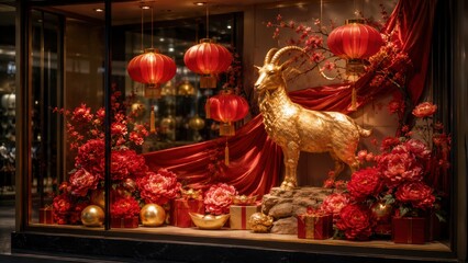Obraz premium golden goat statue in luxury shop window with red lanterns, silk drapery, flowers and gift boxes, concept of lunar new year, asian culture, retail and hospitality decor