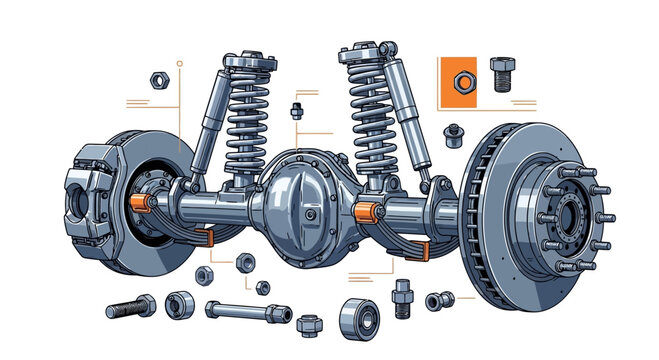 Car Rear Axle Assembly: Suspension, Brakes, Differential - Exploded View
