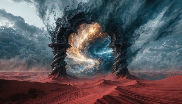 Ethereal Cosmic Portal Amidst Desolate Red Sands and Swirling Storm Clouds
