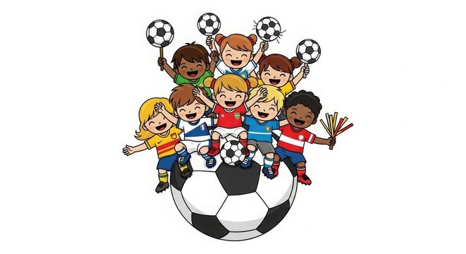 Sports - Diverse Cartoon Children Sitting on Giant Soccer Ball Holding Football Rattles Cheerful Team Celebration