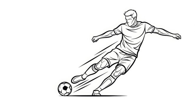 Sports - Soccer Player Kicking Ball with Dynamic Power Pose Line Art Illustration on White Background