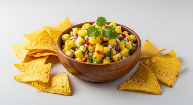 A wooden bowl filled with fresh pineapple salsa containing diced fruit, red onion, and cilantro, served with crunchy yellow tortilla chips, table, pineapple, lime
