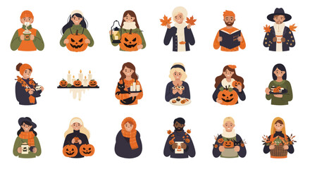 Fototapeta premium Flat Art Halloween Characters with Pumpkins and Treats, Autumn Holiday Vector Illustrations