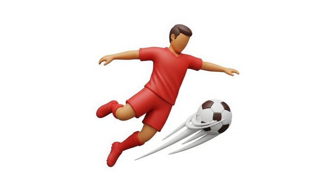 Sports - 3D Cartoon Soccer Player in Red Uniform Kicking Ball with Speed Motion Effect on White Background