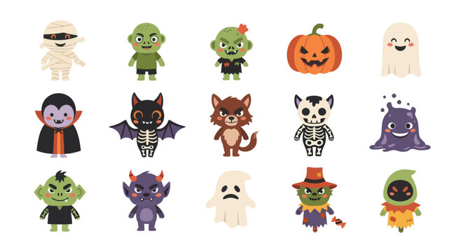 Cute Halloween Monsters and Characters, Flat Vector Art, Spooky Fun