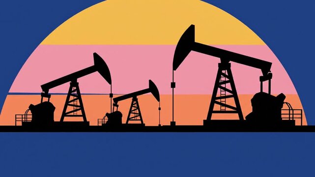 Silhouettes of multiple industrial oil pump jacks operating against a retro sunset sky backdrop, petroleum concept copy space