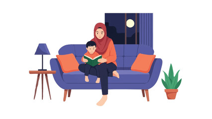 Fototapeta premium Muslim Mother in Hijab Reading Bedtime Story to Young Son on Sofa at Night, Vector Illustration of Family Bonding and Literacy