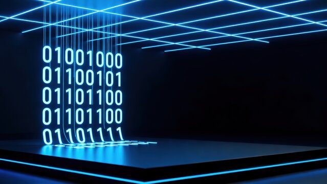 Blue neon binary code in dark room