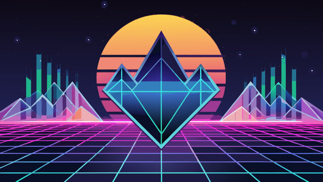 Retro synthwave landscape with glowing diamond geometric structure synthwave landscape geometric background eighties futuristic mountains abstract technology illustration perspective