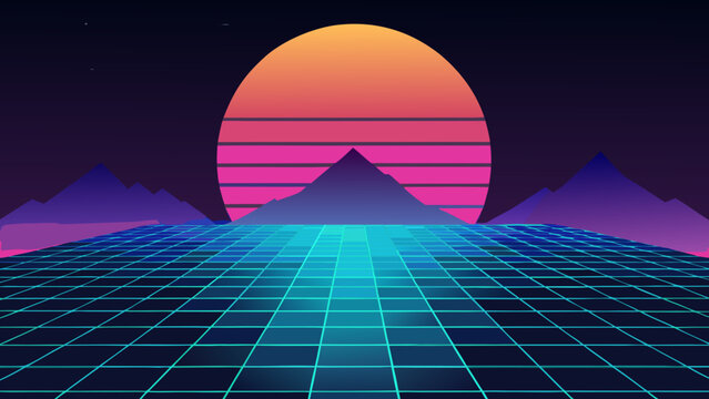 Retro synthwave landscape with glowing neon grid horizon and setting sun synthwave retrowave landscape futuristic eighties nostalgia cyberpunk aesthetic mountain perspective abstract