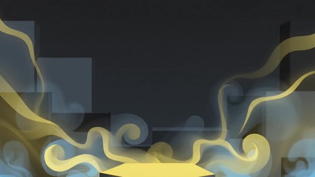 Bright yellow light beam shining down directly into a dark geometric box frame design, mystery abstract concept