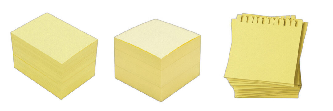 Isolated set of thick square yellow paper sticky note pads blocks on white background, 3d empty desktop stationery reminder supply collection for office workspace note taking concept