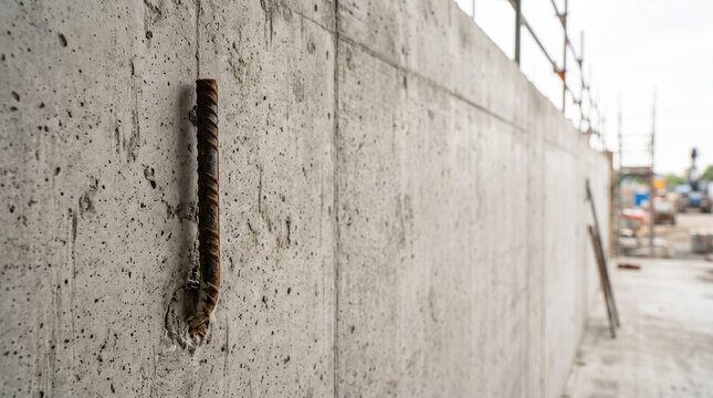 Close-up unfinished concrete wall with metal reinforcement