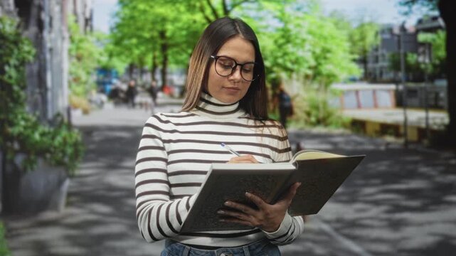 Woman with glasses and striped turtleneck reads and writes in a book with a pen while standing on a tree lined urban street, holding the pages open; quiet concentration.