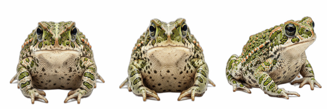 Isolated set of wild green spotted toad frog animals sitting looking forward on white background, 3d amphibian creature model collection for swamp wildlife biology education concept