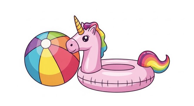Summer - Pink Unicorn Inflatable Pool Float Ring with Rainbow Tail and Colorful Beach Ball Cartoon Illustration