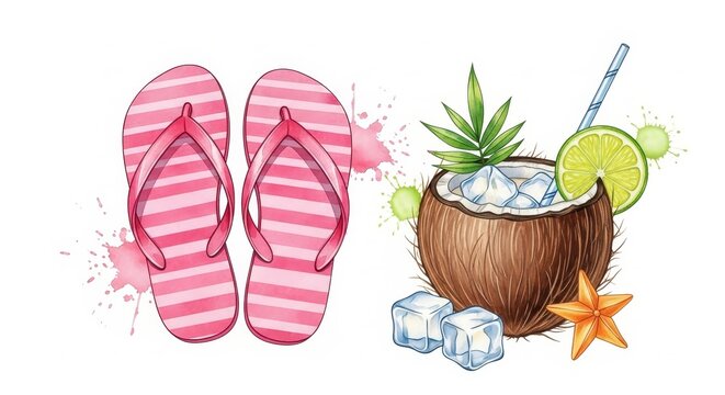 Summer - Pink Striped Flip Flops and Tropical Coconut Cocktail with Lime Ice and Starfish Watercolor Clipart