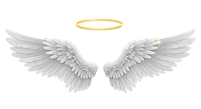 White feathered angel wings symbol.