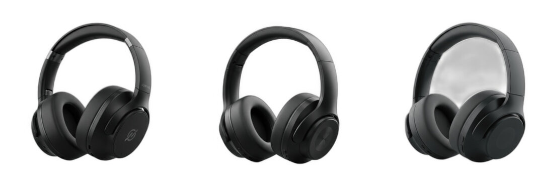 Isolated set of modern sleek black wireless bluetooth over-ear headphones on white background, 3d electronic audio equipment collection for personal music listening and acoustic gaming concept