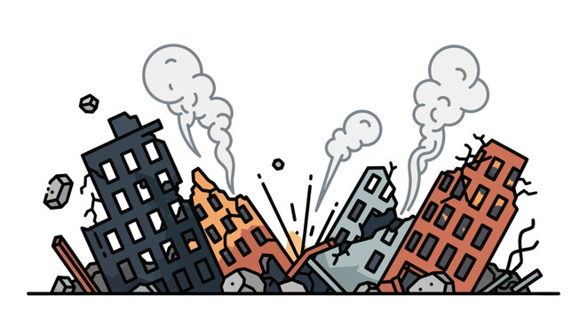 Cartoon buildings in destruction chaos scene.