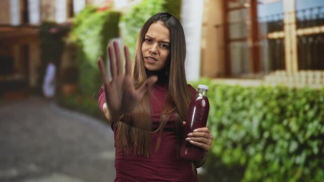 Woman holds bottle of blueberry juice and raises hand palm out toward viewer on street near building entrance; refusal caution.