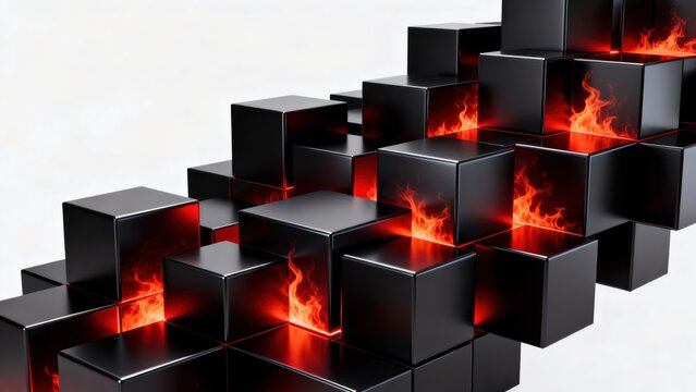 Black cubes with glowing flames