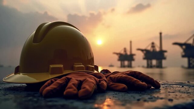 Safety helmet and gloves with offshore oil rigs sunset