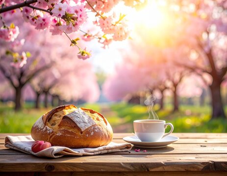 Fresh sourdough bread and steaming hot coffee served on a wooden table with a scenic spring pathway lined with blooming trees.