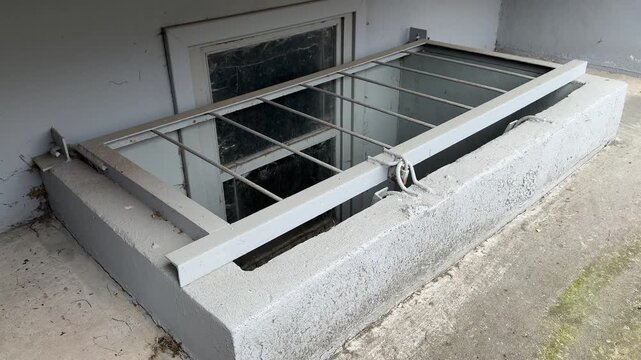 Metal grating on the basement window, concrete ledge under the balcony of a high-rise building, spring daylight, weathered paint, moss on the asphalt, chips