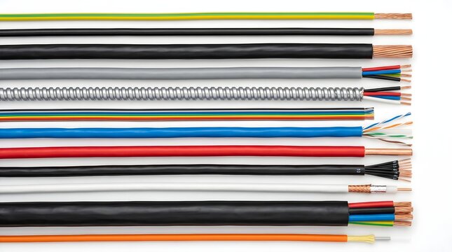Colorful Electrical Wires and Cables Arranged in Parallel Rows on Neutral Background