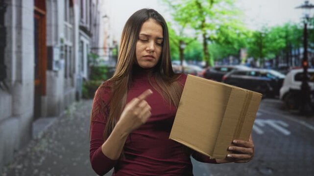 Woman holding cardboard box with left hand and pointing right index finger at package on street, visible gesture and firm palm grip; frustration.