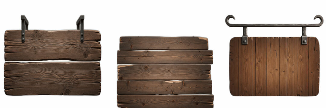 Isolated set of weathered horizontal dark brown wooden board plank walls on white background, 3d rustic timber panels texture collection for interior backdrop decoration styling concept