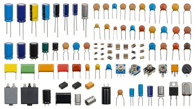 Electronic Components Assortment: A vibrant collection of electronic components including capacitors, resistors, inductors, and switches, neatly arranged for display.