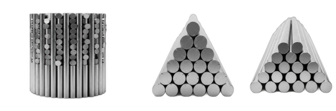 Isolated set of stacked silver steel rod bars arranged in a triangle pyramid on white background, 3d heavy metallurgical factory material collection for engineering construction hardware concept
