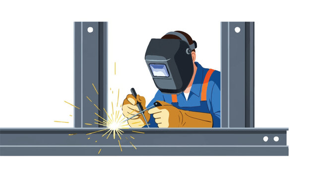 Professional Welder in Protective Gear Working on Industrial Steel Beams with Sparks, Flat Vector Illustration Isolated on White Background