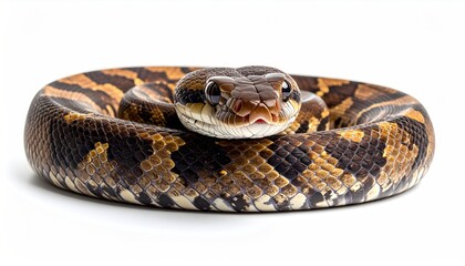 Fototapeta premium Close-up of a coiled, patterned snake with focused gaze, set against a clean white backdrop